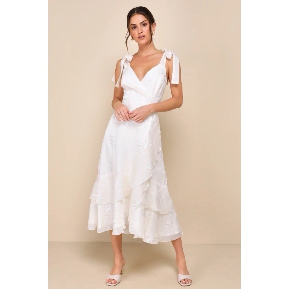 Lulus Women's Ivory Embroidered Ruffle Dress Tie Shoulder Size XXL New w/Flaw